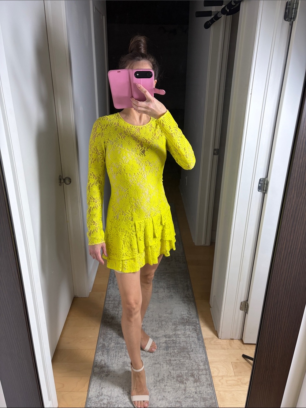 BCBGMaxAzria Neon Yellow Lace Long-Sleeve Ruffle-Hem Mini Dress